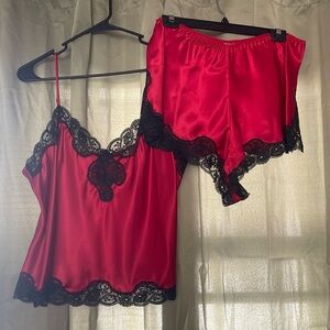 Victoria Secret Elegant Red Satin Lace Trim Sleepwear Set size large